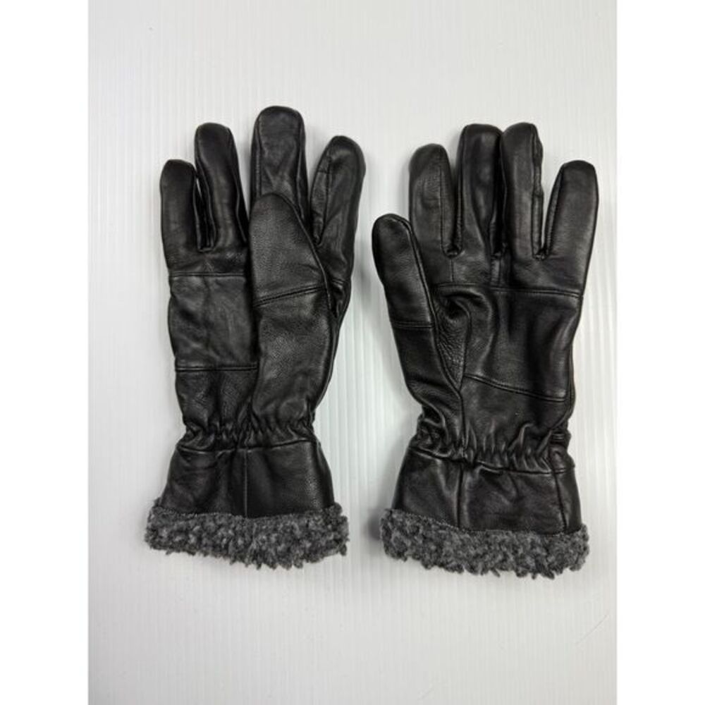 Black Leather Gloves with Plush Gray Fleece Lining‎ Cold Weather size M